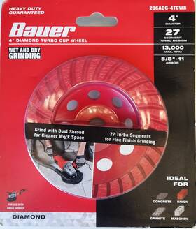 206adg-4tcwb Bauer 4 Inch Diamond Turbo Cup Wheel Wet And Dry Grinding 5/8 -11 Arbor 13 000 Rpm B1