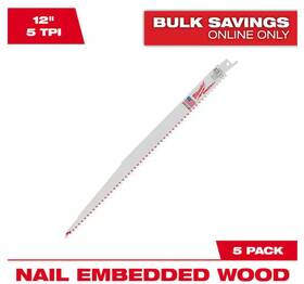 48-00-5037 Milwaukee 12 Inch X 5 Tpi Wood Sawzall Blades Thin Kerf 5-pack