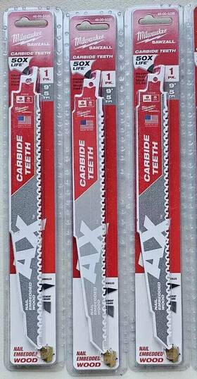 48-00-5226 Milwaukee New Seal 48005226 Sawzall Ax Carbide Teeth Wood Saw Blade 9 Inch 5tpi 3pk