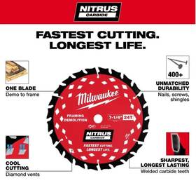 48-41-0750 Milwaukee 7-1/4 Inch 24t Nitrus Carbide Framing Circular Saw Blades 2-pk #48-41-0750