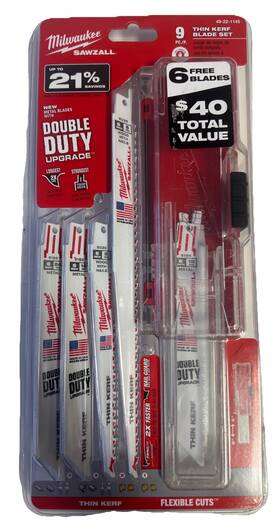 49-22-1145 Milwaukee Brand New Sawzall 9 Pc Thin Kerf Blade Set 6 Free Blades