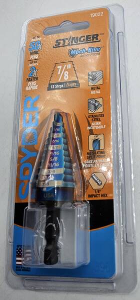 19022 Spyder New Stinger Mach-blue Armor Plated 3/16 7/8 12 Step Bit