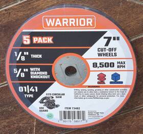 73482 Warrior 5 Pack Of 7 Inch Cut-off Wheels X 1/8 5/8 #73482