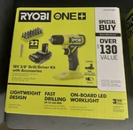Ryobi PCL201K1SB3 18V 3/8" Drill/driver Kit, Li-ion, Led, 22-PC Set, Charger. Fixed Price $80.00.