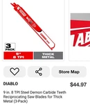 Pack Diablo 9" Thick Metal Reciprocating Saw Carbide Blades 8TPI DS0908CF3. Fixed Price $20.00.