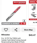Milwaukee 9" Torch Sawzall Blades 3 Pack Medium Metal Conduit & Strut. Fixed Price $20.00.