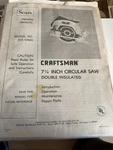 Craftsman 7.25 Circular Saw Double Insulated Model 315.10940 Owners Manual. Fixed Price $19.99.
