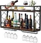 Stylish 2-TIER Wall Mounted Wine Rack With Glass Holder Black Metal Wood. Fixed Price $76.99.