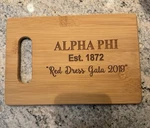 Alpha Phi Red Dress Gala 2019 Bamboo Cutting Board Engraved Est. 1872. Fixed Price $35.00.