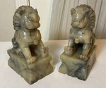7.25 Pair Of Antique Chinese Hand Carved Jade Soap Stone Foo Dog Lion Statues. Fixed Price $599.00.