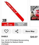 *new* Diablo 9" Bi-metal Reciprocating Saw Blades (15-PACK) DS0914BF15. Fixed Price $30.00.