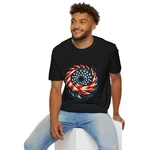 Spinning American Flag Circular Saw Crest Patriotic Unisex Softstyle T-shirt. Fixed Price $19.37.