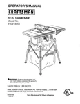 Owner's Manual & Parts List For Sears Craftsman 10 Table Saw - Model 315.218050. Fixed Price $19.95.